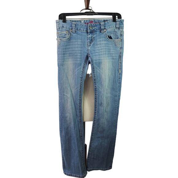 Rock & Roll Cowgirl Blue Denim Distressed Low Rise Jeans 27 x 34 - Picture 3 of 5